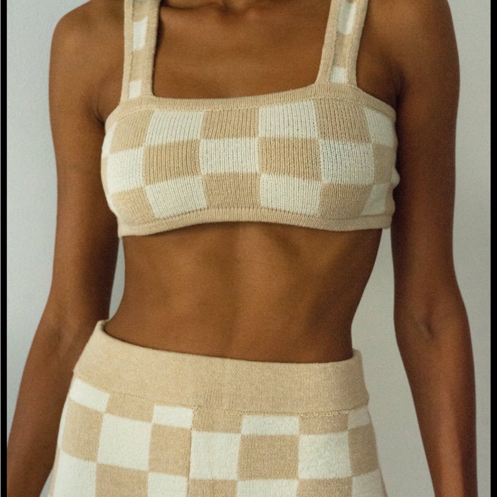 COPY - Belle the Label Tan Sweater Check Bra and Shorts Size Large